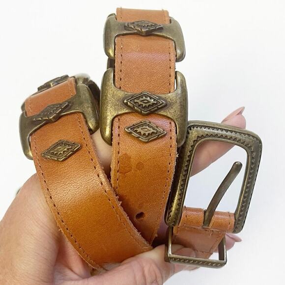 VTG 90’s Robinson's BROWN LEATHER BELT Brass Metal Buckle and Conchos 30-34 - Picture 1 of 9
